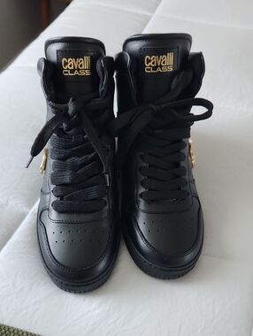 Cavalli Class Black Leather High-Top Sneakers with Gold Accents